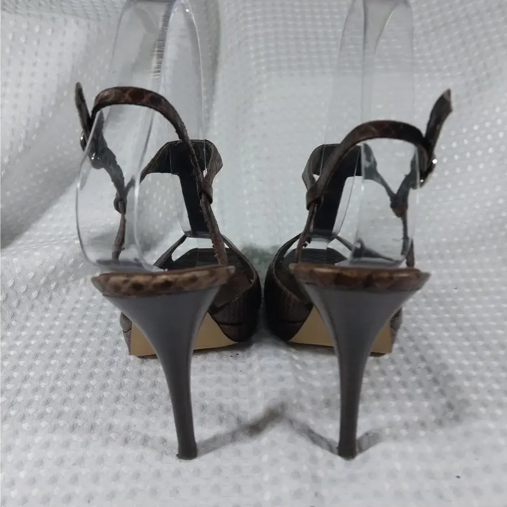 NINE WEST! ESPRESSO BROWN GENUINE LEATHER, T BAR LIZARD IMPRINT HEELS! SZ 7M